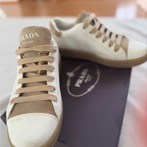 Prada White Leather and Tan Suede Sneakers